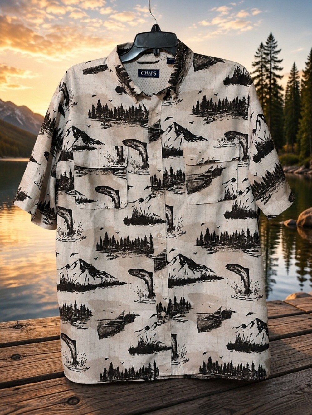 Chaps Men's XL Fish Print Button Up Shirt Short Sleeve Cotton Casual Fishing